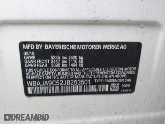 2018 BMW 5 Series 530e with VIN WBAJA9C52JB253501, listed as a IAAI auction lot 41010120 with 93,059 mi miles and . Bid and sale history available at DreamBid. Image 9.