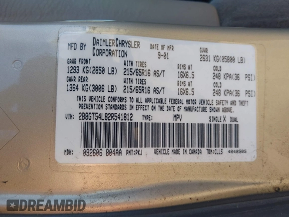 2002 Dodge Grand Caravan with VIN 2B8GT54L82R541812, listed as a IAAI auction lot 42028066 with 207,472 mi miles and . Bid and sale history available at DreamBid. Image 9.