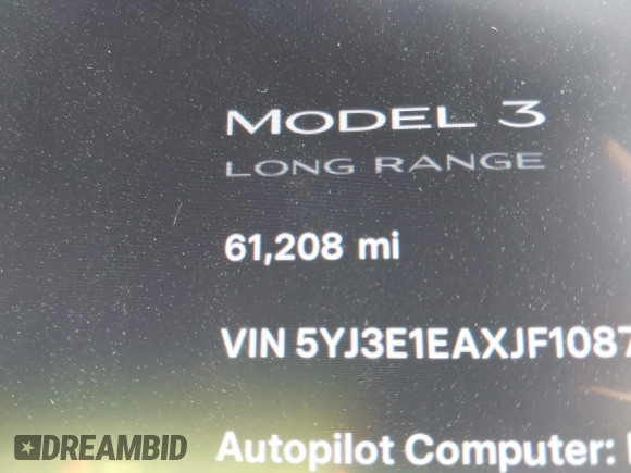 2018 Tesla Model 3 Long Range Battery with VIN 5YJ3E1EAXJF108781, listed as a IAAI auction lot 41962628 with 61,208 mi miles and . Bid and sale history available at DreamBid. Image 16.