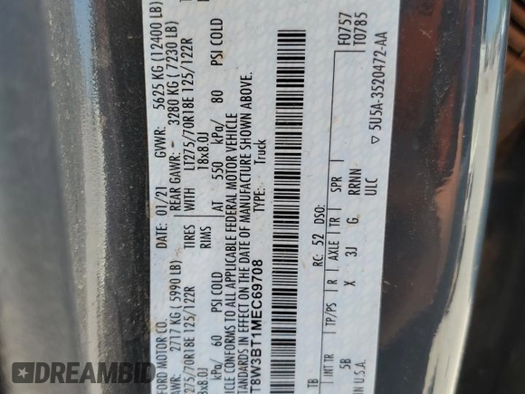 2021 Ford F-350 XL with VIN 1FT8W3BT1MEC69708, listed as a Copart auction lot 56928725 with 106,637 mi miles and Salvage title. Bid and sale history available at DreamBid. Image 12.
