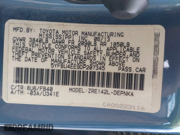 2013 Toyota Corolla L with VIN 5YFBU4EE9DP207345, listed as a IAAI auction lot 42058865 with 216,572 mi miles and . Bid and sale history available at DreamBid. Image 9.