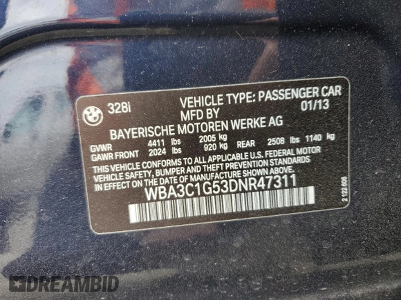 2013 BMW 3 Series 328i с VIN WBA3C1G53DNR47311, выставлен на аукционе Copart как лот 53389985 с пробегом 142 745 миль миль и Списание • Salvage title. История ставок и продаж доступна на DreamBid. Изображение 12.