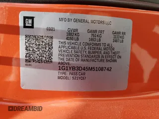 2021 Chevrolet Corvette 2LT with VIN 1G1YB3D45M5108742, listed as a Copart auction lot 83841584 with 0 mi miles and Salvage Title. Bid and sale history available at carsss.com. Image 13.