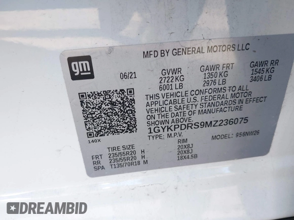 2021 Cadillac XT6 Premium Luxury with VIN 1GYKPDRS9MZ236075, listed as a IAAI auction lot 41632689 with 47,444 mi miles and . Bid and sale history available at DreamBid. Image 9.
