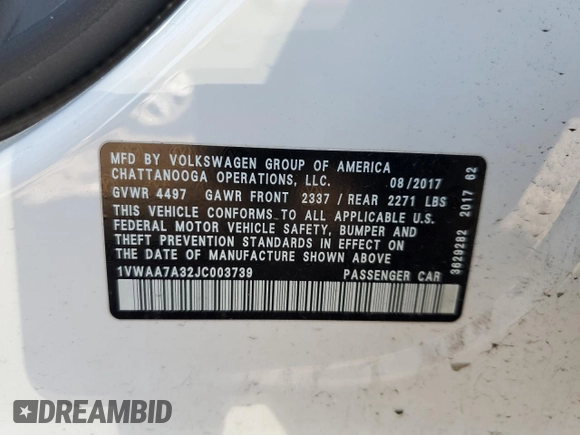 2018 Volkswagen Passat S z VIN 1VWAA7A32JC003739, wystawiony jako Copart lot #54166125 z przebiegiem 74 957 mil mil oraz Szkoda całkowita • Salvage title. Historia ofert i sprzedaży dostępna na DreamBid. Obrazek 12.