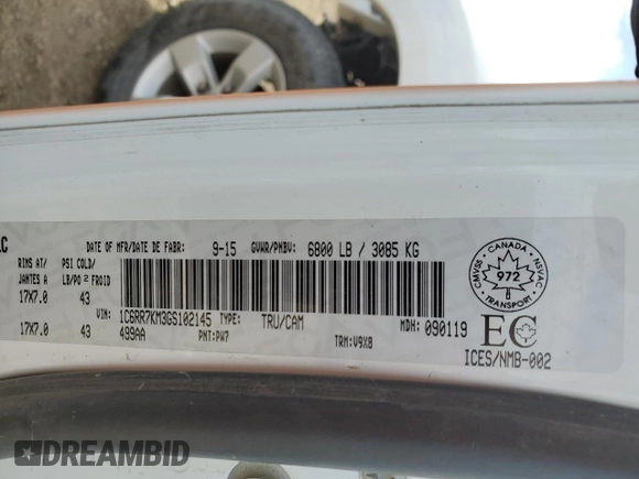 2016 Ram 1500 Tradesman with VIN 1C6RR7KM3GS102145, listed as a Copart auction lot 55087015 with 104,058 mi miles and Salvage title. Bid and sale history available at DreamBid. Image 13.