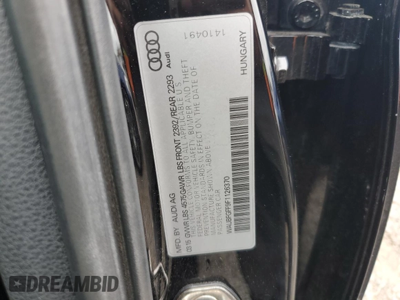 2015 Audi A3 Premium with VIN WAUBFGFF9F1126370, listed as a Copart auction lot 62203605 with 105,503 mi miles and Clean title. Bid and sale history available at DreamBid. Image 12.