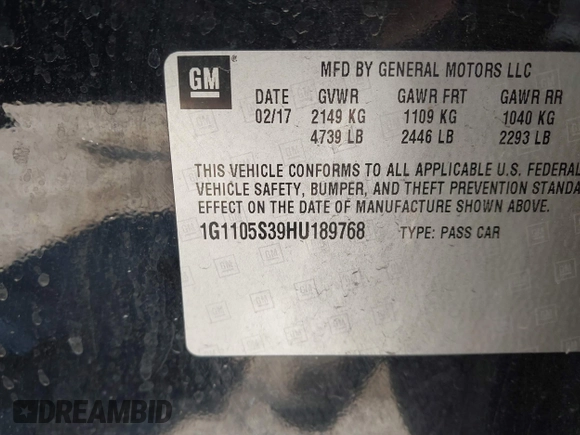 2017 Chevrolet Impala LT with VIN 1G1105S39HU189768, listed as a IAAI auction lot 41762234 with 165,927 mi miles and . Bid and sale history available at DreamBid. Image 9.