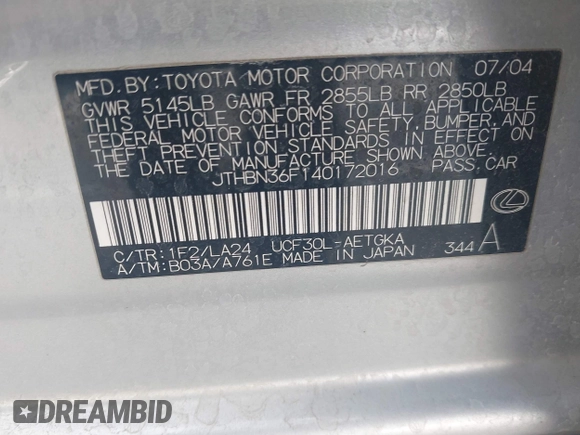 2004 Lexus LS 430 z VIN JTHBN36F140172016, wystawiony jako IAAI lot #42128428 z przebiegiem 242 204 mil mil oraz . Historia ofert i sprzedaży dostępna na DreamBid. Obrazek 9.