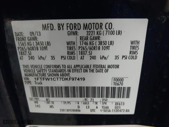 2013 Ford F-150 XL with VIN 1FTFW1CT7DKF97419, listed as a IAAI auction lot 41725218 with 86,441 mi miles. Bid and sale history available at carsss.com. Image 9.