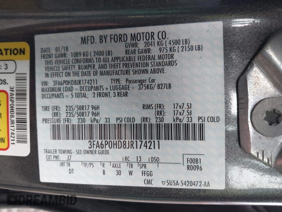 2018 Ford Fusion SE with VIN 3FA6P0HD8JR174211, listed as a IAAI auction lot 41910459 with 83,787 mi miles. Bid and sale history available at carsss.com. Image 9.