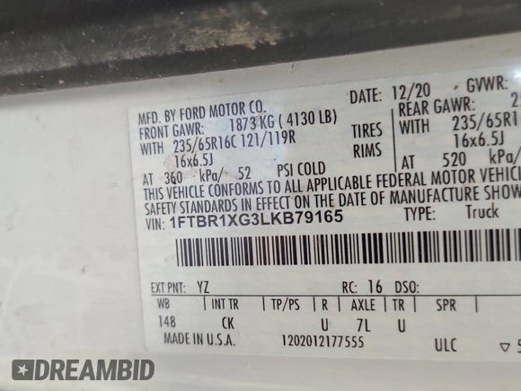 2020 Ford Transit Cargo z VIN 1FTBR1XG3LKB79165, wystawiony jako IAAI lot #42763042 z przebiegiem 140 992 mil mil oraz . Historia ofert i sprzedaży dostępna na DreamBid. Obrazek 26.