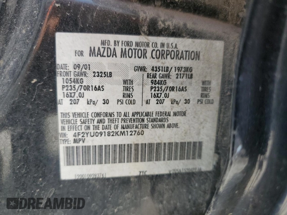 2002 Mazda Tribute LX with VIN 4F2YU09182KM12760, listed as a Copart auction lot 61292724 with 226,479 mi miles and Salvage Title. Bid and sale history available at carsss.com. Image 13.