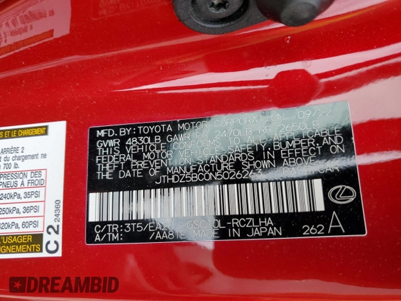 2022 Lexus RC 350 z VIN JTHDZ5BC0N5026263, wystawiony jako Copart lot #85343754 z przebiegiem 26 287 mil mil oraz Szkoda całkowita • Salvage title. Historia ofert i sprzedaży dostępna na DreamBid. Obrazek 12.
