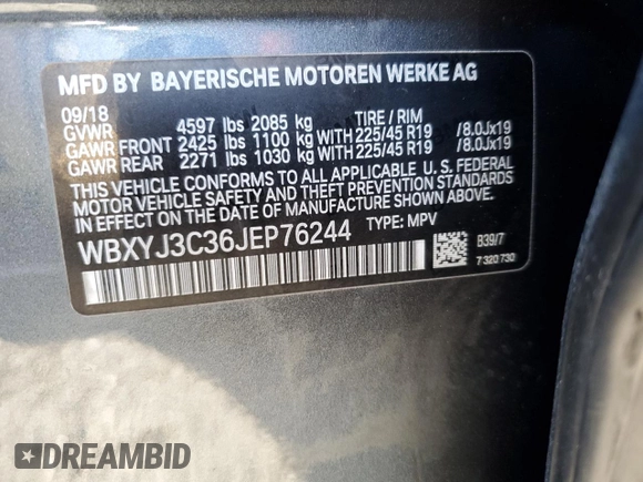 2018 BMW X2 sDrive28i with VIN WBXYJ3C36JEP76244, listed as a Copart auction lot 38732563 with 50,424 mi miles. Bid and sale history available at carsss.com. Image 13.