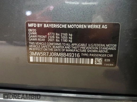 2021 BMW 3 Series 330i xDrive with VIN 3MW5R7J08M8B49316, listed as a Copart auction lot 52520195 with 31,709 mi miles and Salvage Title. Bid and sale history available at carsss.com. Image 12.