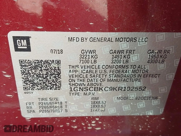 2019 Chevrolet Tahoe LT z VIN 1GNSCBKC9KR102552, wystawiony jako IAAI lot #41792517 z przebiegiem 92 856 mil mil oraz . Historia ofert i sprzedaży dostępna na DreamBid. Obrazek 9.