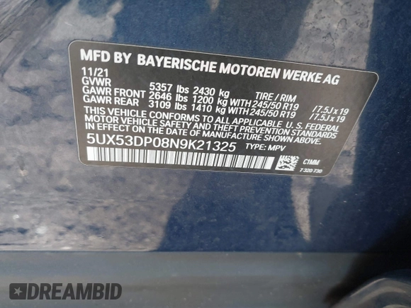 2022 BMW X3 xDrive30i with VIN 5UX53DP08N9K21325, listed as a IAAI auction lot 41690149 with 34,492 mi miles and . Bid and sale history available at DreamBid. Image 9.