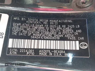 2022 Lexus ES 300h with VIN 58ADA1C10NU026319, listed as a IAAI auction lot 42139790 with 86,483 mi miles and . Bid and sale history available at DreamBid. Image 9.