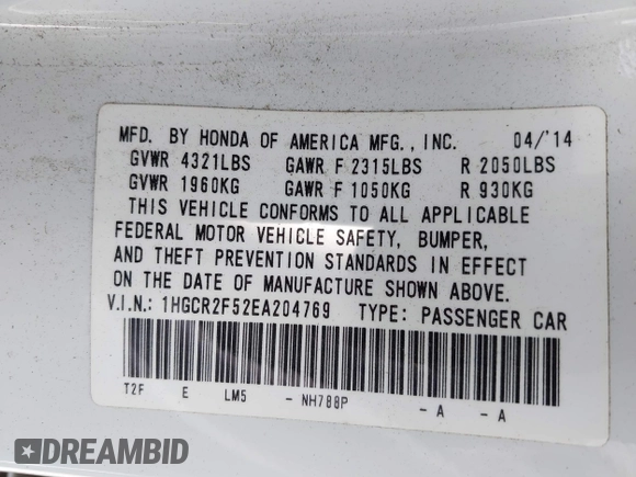 2014 Honda Accord Sedan Sport with VIN 1HGCR2F52EA204769, listed as a IAAI auction lot 41998267 with 53,496 mi miles. Bid and sale history available at carsss.com. Image 9.