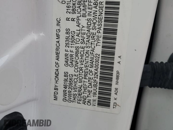 2019 Acura TLX with VIN 19UUB2F32KA003022, listed as a Copart auction lot 63898834 with 74,886 mi miles and Salvage Title. Bid and sale history available at carsss.com. Image 12.