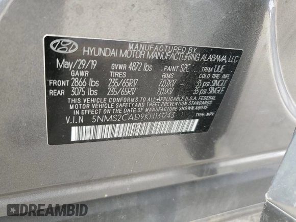 2019 Hyundai Santa Fe SE with VIN 5NMS2CAD9KH131243, listed as a Copart auction lot 49673665 with 58,079 mi miles and Salvage Title. Bid and sale history available at DreamBid. Image 14.