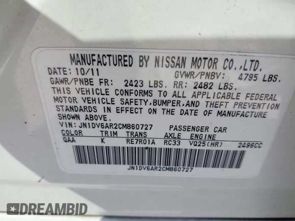 2012 Infiniti G25 x with VIN JN1DV6AR2CM860727, listed as a IAAI auction lot 39649051 with 125,483 mi miles and . Bid and sale history available at DreamBid. Image 9.