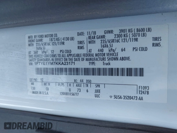 2019 Ford Transit with VIN 1FTYE1YM7KKA23171, listed as a IAAI auction lot 41260744 with 114,715 mi miles and . Bid and sale history available at DreamBid. Image 9.