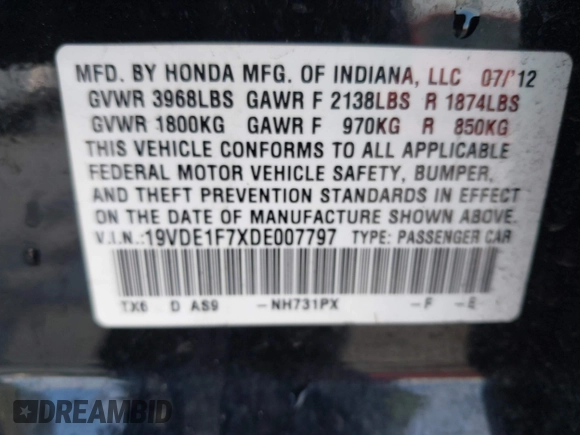 2013 Acura ILX Tech Pkg with VIN 19VDE1F7XDE007797, listed as a IAAI auction lot 41904415 with 240,310 mi miles. Bid and sale history available at carsss.com. Image 9.