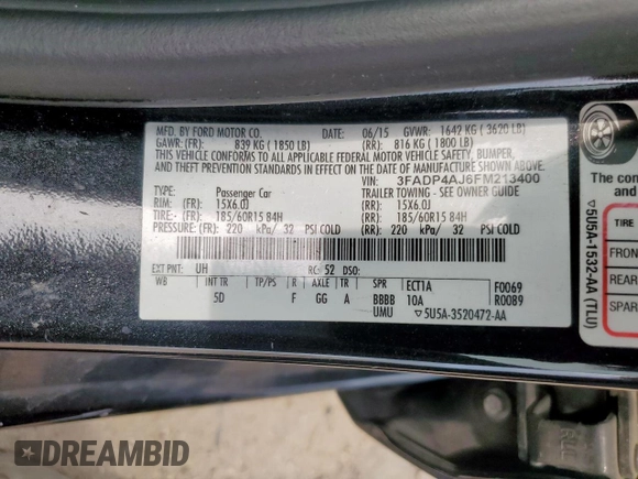 2015 Ford Fiesta S с VIN 3FADP4AJ6FM213400, выставлен на аукционе Copart как лот 57097235 с пробегом 134 712 миль миль и Списание • Salvage title. История ставок и продаж доступна на DreamBid. Изображение 13.