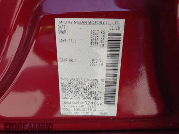 2016 Nissan Altima S with VIN 1N4AL3AP1GN324652, listed as a IAAI auction lot 42183523 with 146,029 mi miles and . Bid and sale history available at carsss.com. Image 9.