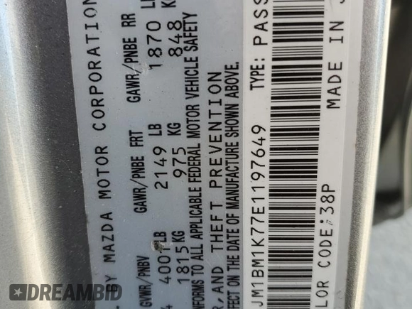 2014 Mazda 3 i Sport with VIN JM1BM1K77E1197649, listed as a Copart auction lot 47779025 with Not Provided miles and Salvage Title. Bid and sale history available at DreamBid. Image 14.