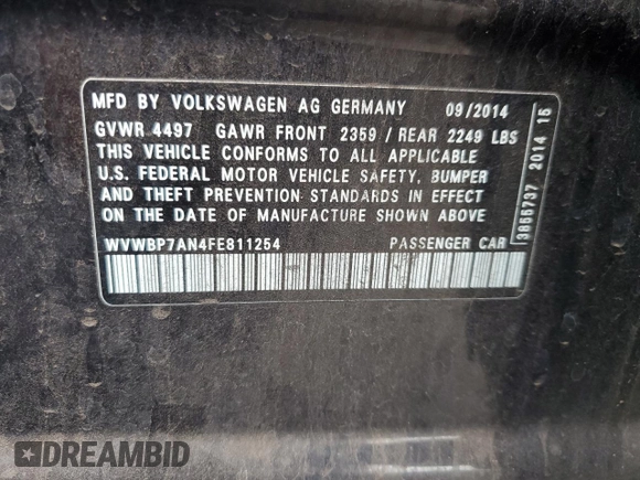 2015 Volkswagen CC Sport с VIN WVWBP7AN4FE811254, выставлен на аукционе Copart как лот 77702784 с пробегом 66 706 миль миль и На запчасти • Non repairable. История ставок и продаж доступна на DreamBid. Изображение 12.