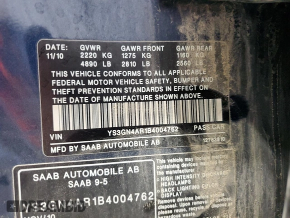 2011 Saab 9-5 Turbo4 with VIN YS3GN4AR1B4004762, listed as a Copart auction lot 53384385 with 156,279 mi miles and Clean Title. Bid and sale history available at carsss.com. Image 12.