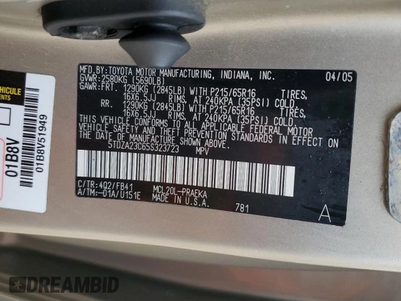 2005 Toyota Sienna CE with VIN 5TDZA23C65S323723, listed as a Copart auction lot 53971885 with 152,025 mi miles and Clean Title. Bid and sale history available at DreamBid. Image 13.