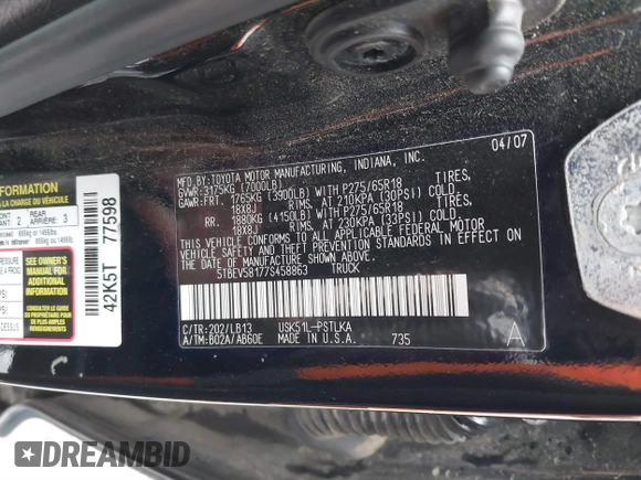 2007 Toyota Tundra Limited with VIN 5TBEV58177S458863, listed as a IAAI auction lot 41527195 with 191,506 mi miles and . Bid and sale history available at DreamBid. Image 9.