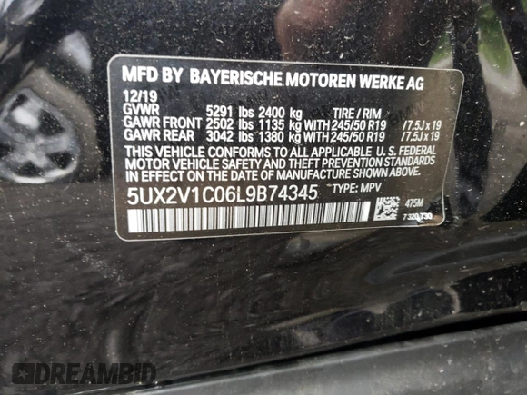 2020 BMW X4 xDrive30i with VIN 5UX2V1C06L9B74345, listed as a Copart auction lot 57495183 with 0 mi miles. Bid and sale history available at carsss.com. Image 12.