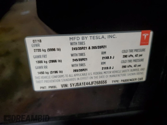 2018 Tesla Model S 75D with VIN 5YJSA1E44JF268656, listed as a Copart auction lot 88532685 with 102,459 mi miles and Non repairable. Bid and sale history available at DreamBid. Image 12.