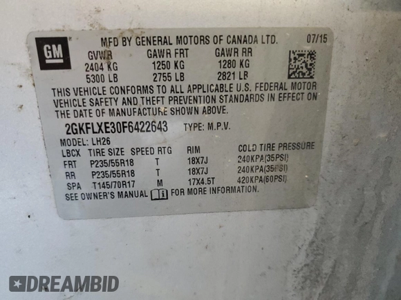 2015 GMC Terrain SLT with VIN 2GKFLXE30F6422643, listed as a Copart auction lot 48891175 with Not Provided miles and Salvage Title. Bid and sale history available at DreamBid. Image 13.