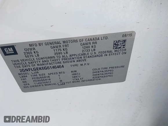 2016 Chevrolet Equinox LTZ with VIN 2GNFLGEK6G6146464, listed as a IAAI auction lot 42592421 with 126,354 mi miles and . Bid and sale history available at DreamBid. Image 9.