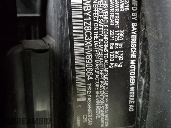 2017 BMW i3 z VIN WBY1Z8C3XHV890664, wystawiony jako Copart lot #44791935 z przebiegiem 97 864 mil mil oraz Szkody całkowita. Historia ofert i sprzedaży dostępna na DreamBid. Obrazek 13.