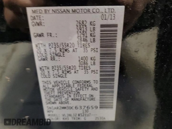 2013 Nissan Pathfinder Platinum with VIN 5N1AR2MM3DC637659, listed as a Copart auction lot 57296695 with 146,829 mi miles and Salvage title. Bid and sale history available at DreamBid. Image 14.