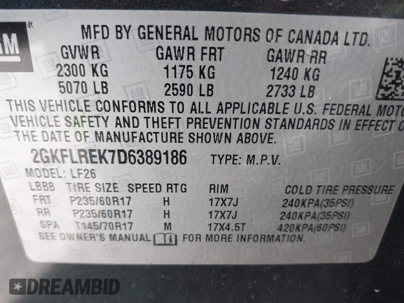 2013 GMC Terrain SLE with VIN 2GKFLREK7D6389186, listed as a IAAI auction lot 41727643 with 180,562 mi miles. Bid and sale history available at carsss.com. Image 9.