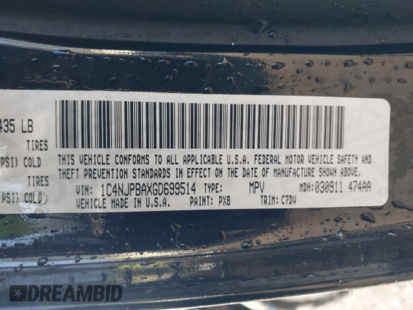2016 Jeep Patriot Sport with VIN 1C4NJPBAXGD699514, listed as a IAAI auction lot 41945662 with 100,111 mi miles. Bid and sale history available at carsss.com. Image 9.