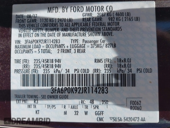 2018 Ford Fusion Titanium with VIN 3FA6P0K92JR114283, listed as a IAAI auction lot 42704476 with 92,502 mi miles and . Bid and sale history available at DreamBid. Image 9.