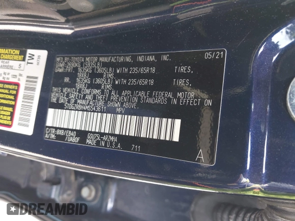 2021 Toyota Highlander XLE with VIN 5TDGZRBH4MS543611, listed as a IAAI auction lot 42117900 with 66,333 mi miles and . Bid and sale history available at DreamBid. Image 9.