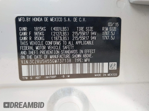 2016 Honda HR-V EX with VIN 3CZRU5H55GM737138, listed as a IAAI auction lot 41521356 with 140,307 mi miles. Bid and sale history available at carsss.com. Image 9.