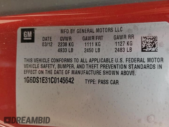 2012 Cadillac CTS Premium with VIN 1G6DS1E31C0145642, listed as a Copart auction lot 52197005 with 103,881 mi miles and Non repairable. Bid and sale history available at DreamBid. Image 12.