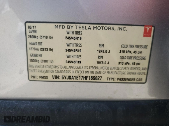2017 Tesla Model S 60 with VIN 5YJSA1E17HF189627, listed as a Copart auction lot 64454635 with 106,003 mi miles and Salvage title. Bid and sale history available at DreamBid. Image 12.