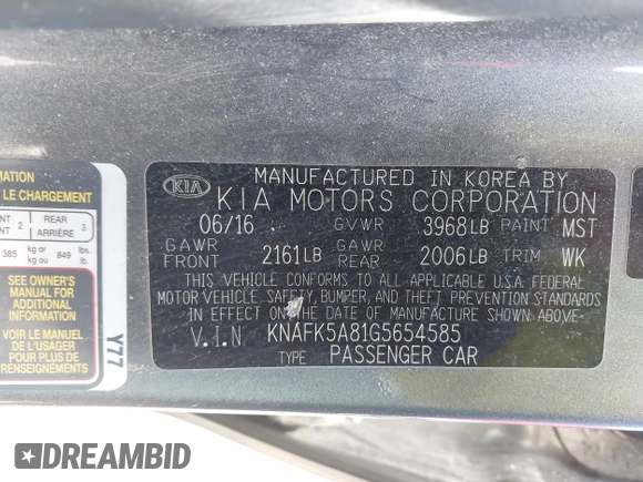 2016 Kia Forte 5-Door LX with VIN KNAFK5A81G5654585, listed as a IAAI auction lot 42103861 with 201,547 mi miles. Bid and sale history available at carsss.com. Image 9.